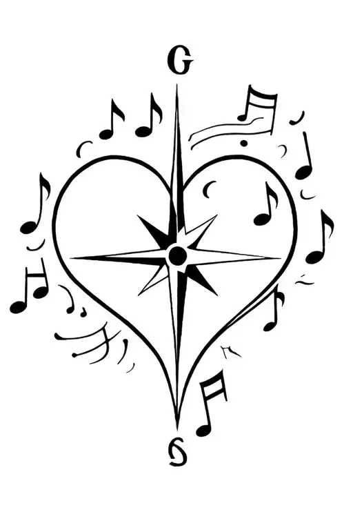 A Minimalist Tattoo Of A Heart-shaped Compass With Musical Notes Surrounding It