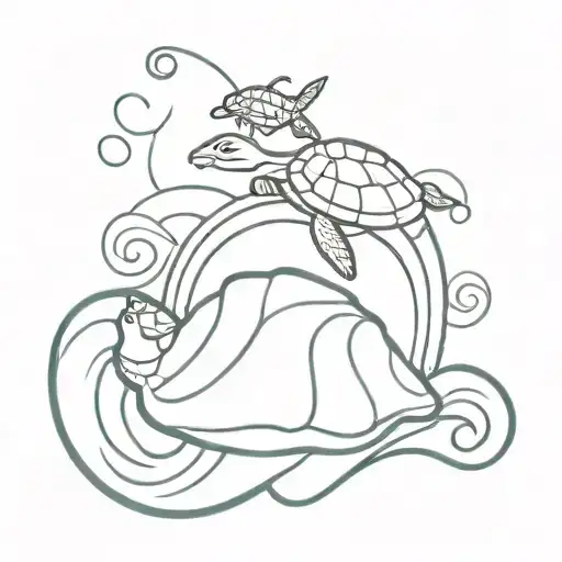 Ocean Wave With Seashell And Turtle