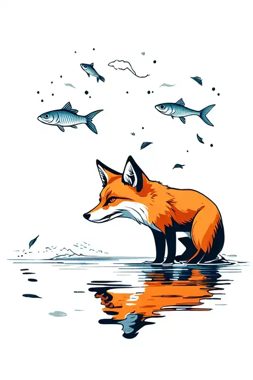 Fox Looking At Water With His Reflection With Jumping Fish Over Him