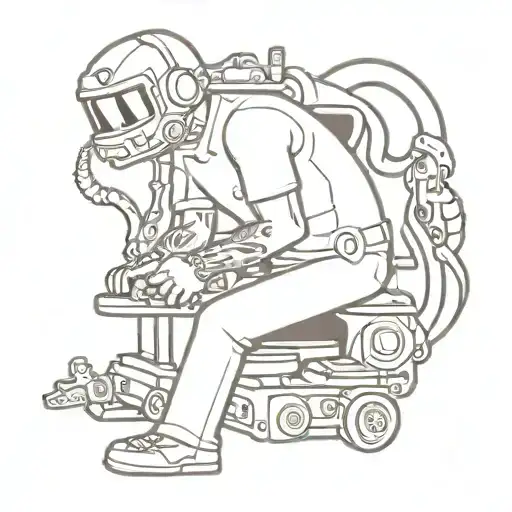 A Spooky Tattoo Of A Mechanic Fixing A Haunted Machine With Pokemon Creatures Nearby