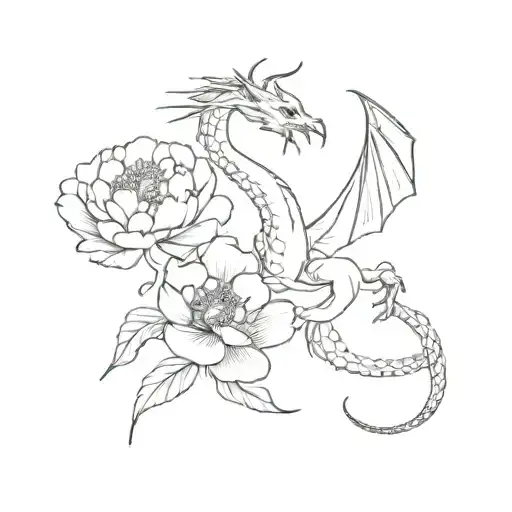 Dragon And Peonies Blooming In The Background