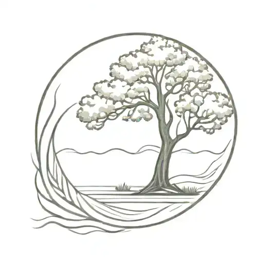 Oak Tree And River Flowing