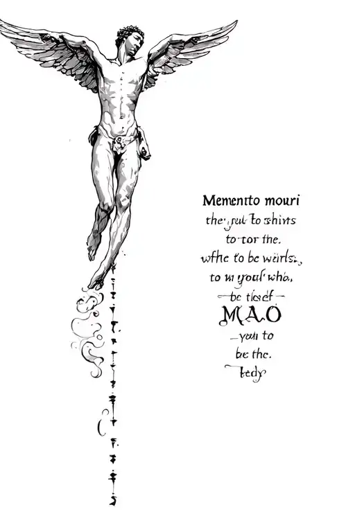 Icarus Falling From The Sky With The Words Memento Mori Vertical Next To Him