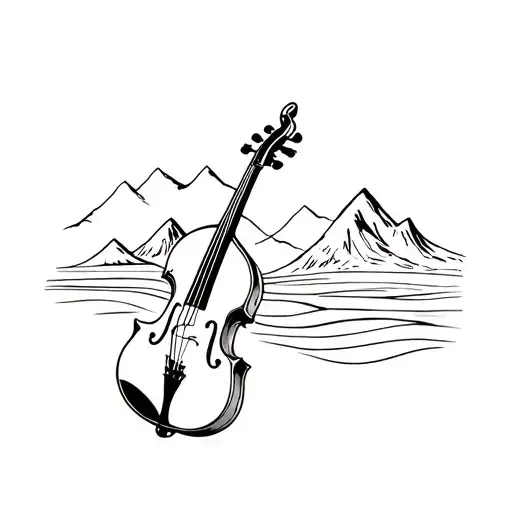 Double Bass Instrument With Nature Mountains And Waves