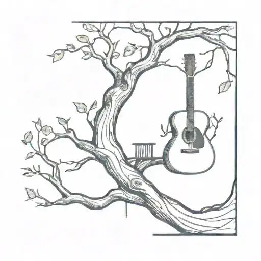 A Whimsical Treehouse With A Guitar Hanging From One Of The Branches