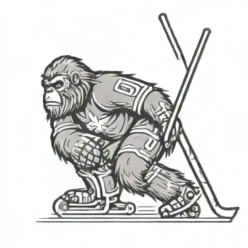 A Black-grey Tattoo Of Bigfoot Wearing A Hockey Jersey And Holding A Hockey Stick