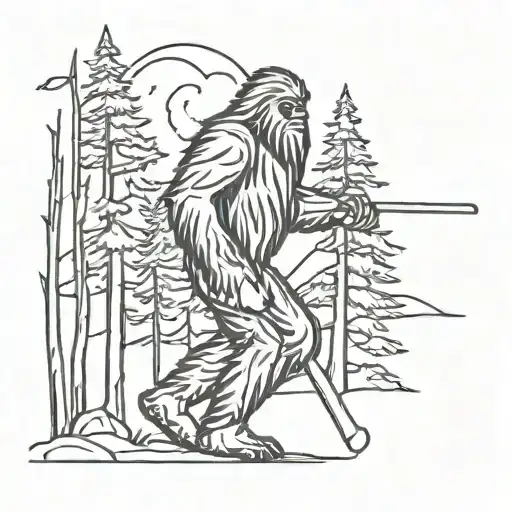 A Sasquatch With A Hockey Stick In A Forest Setting