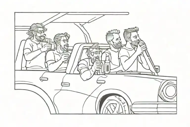 3 Friends In A Car Roof Drinking Beer