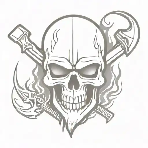 Skull Wearing Helmet Engulfed In Flames And A Battle Axe