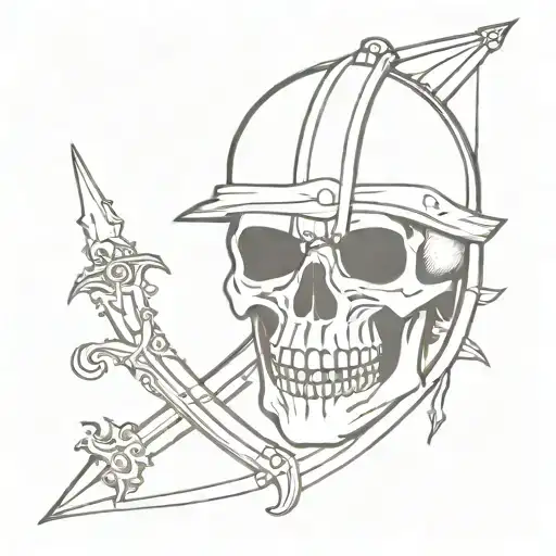 Skull Wearing A Medieval Helmet Impaled On A Sword Emerging From Darkness
