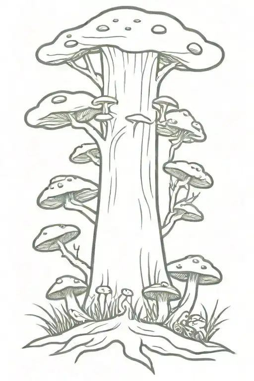 Tree With Mushrooms And Frogs At The Base Of Tree