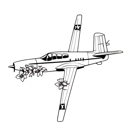 Outline Of A Piper Warrior Airplane In All Black With Some Flowers Coming Out Of It