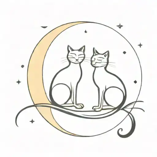 2 Black Cats Sitting On A Aqua & Gold Crescent Moon