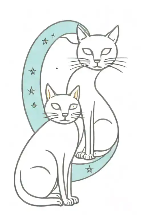 2 Black Cats Sitting On A Aqua & Gold Crescent Moon