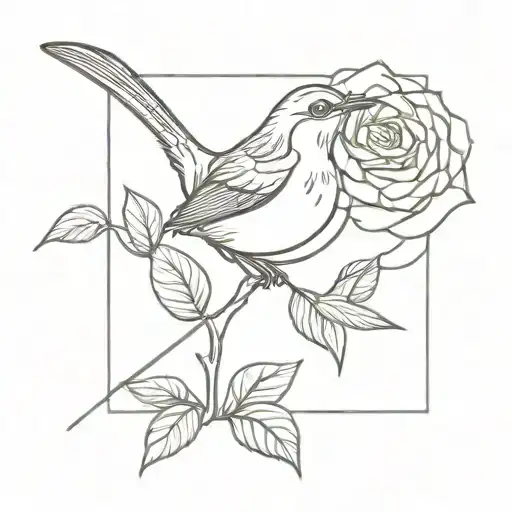 Wren Bird Sitting On A Rose Line Drawing Style