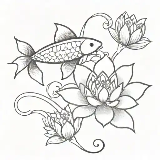 Koi Fish And Lotus Flower Intertwined