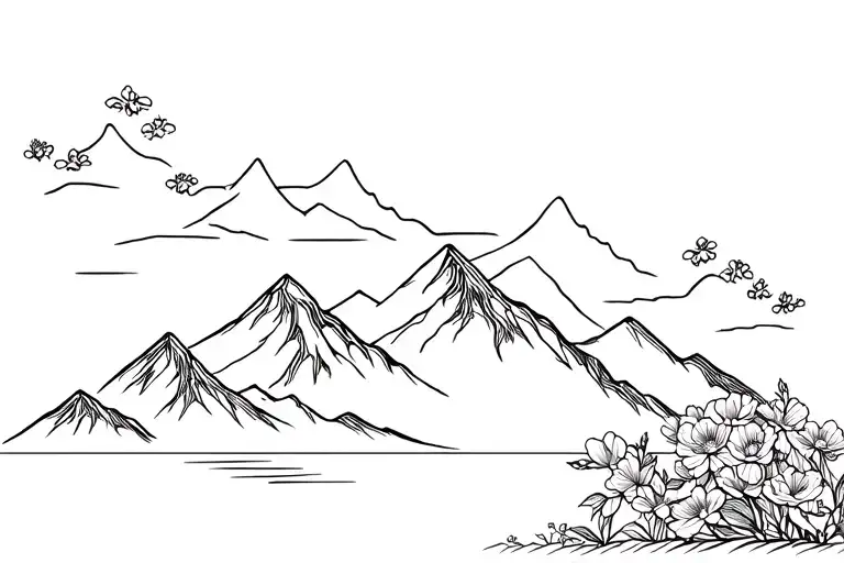 Mountains Reflected With Birth Flowers Blooming