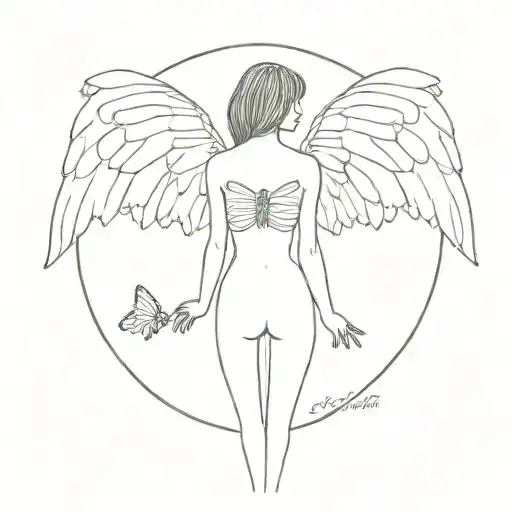 Big Wings With A Butterfly And Angel Look And An Outline Of A Woman's Shoulders To Thighs Only