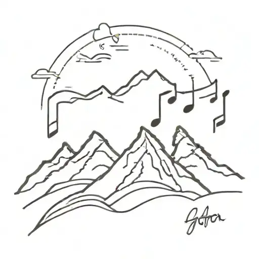 A Minimalist Tattoo Of A Mountain Range With Musical Notes Floating In The Air