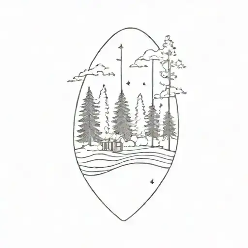A Minimalist Tattoo Of A Forest Scene With A Hidden Guitar Among The Trees