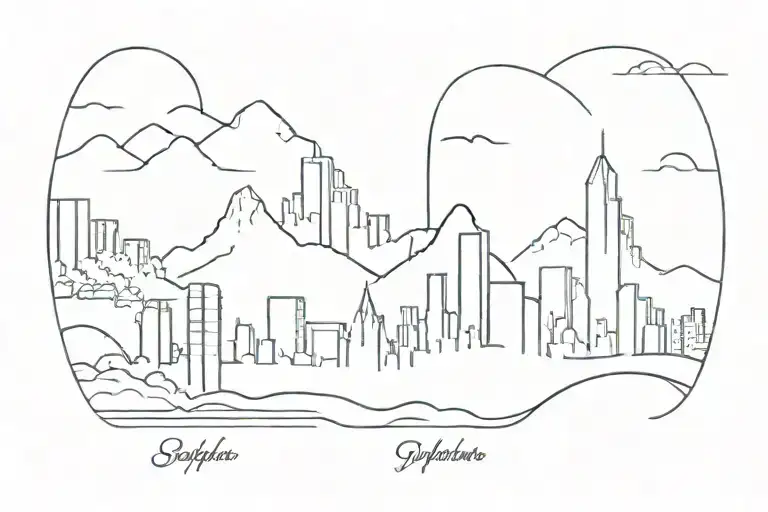 City Skyline Transitions To Mountain Landscape