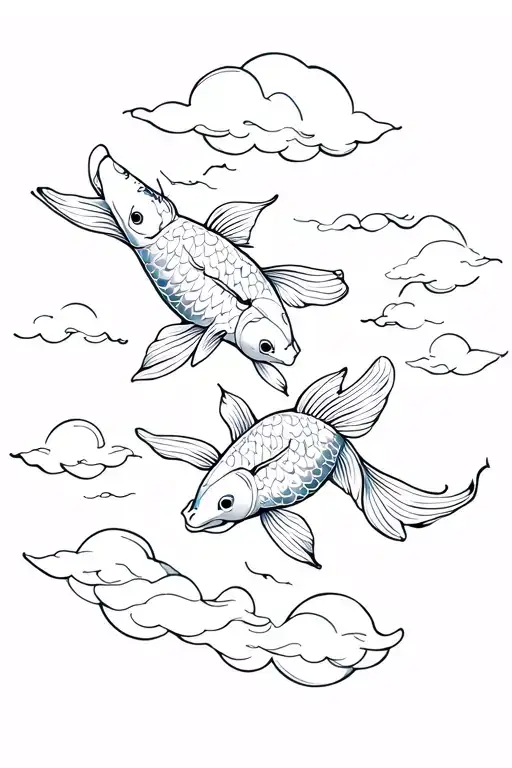 Two Koi Fish Swimming And Clouds Around