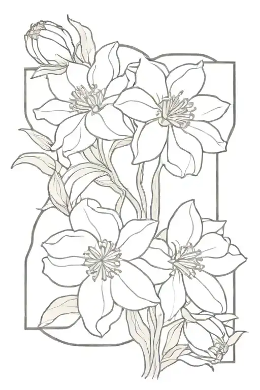 A Minimalist Fine Line Design Featuring A Bouquet Of Daffodils And Peonies Intertwined Together