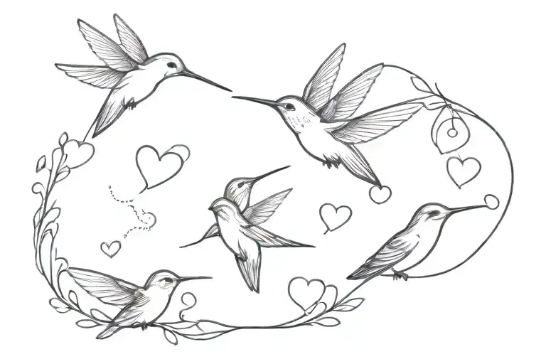Four Hearts And Small Hummingbird Flying
