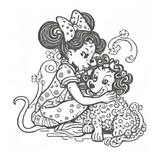 Minnie Mouse Hugging A Black And White Curly Haired Big Dog