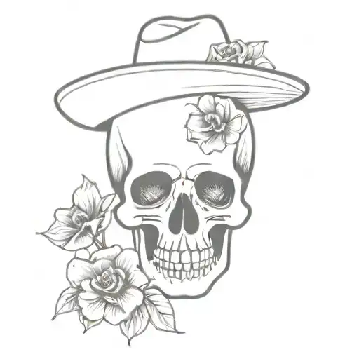 Minimalist Skull With Flowers And Mexican Hat In Black And White