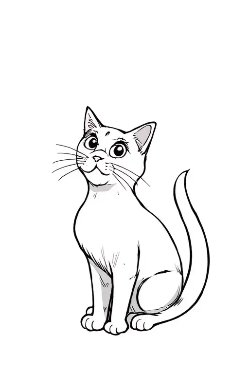 Fluffy Skinny White Cat Sitting And Looking Up To The Side With Both Big Cute Eyes Visible