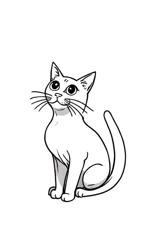 Fluffy Skinny White Cat Sitting And Looking Up To The Side With Both Big Cute Eyes Visible