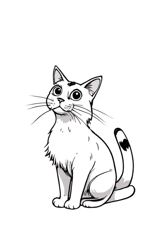 Fluffy Skinny White Cat Sitting And Looking Up To The Side With Both Big Cute Eyes Visible