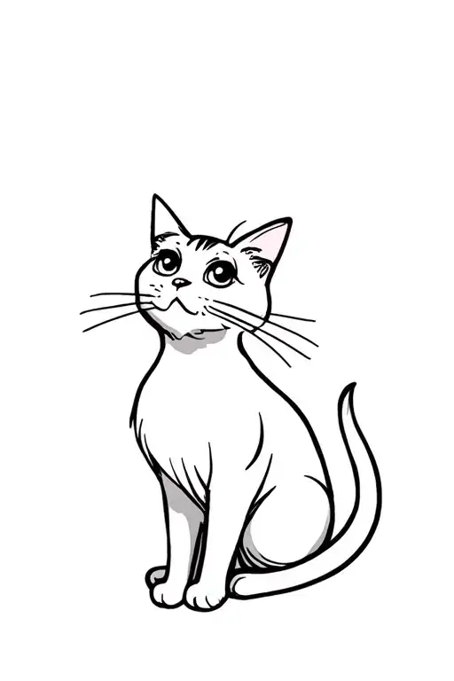 Fluffy Skinny White Cat Sitting And Looking Up To The Side With Both Big Cute Eyes Visible