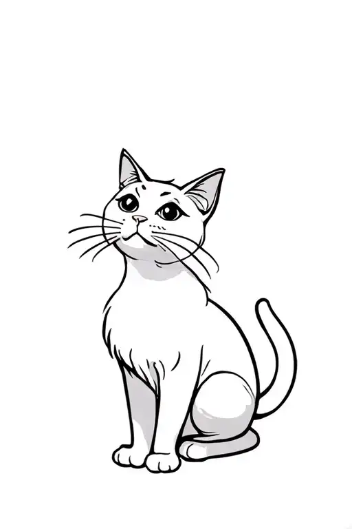 Fluffy Skinny White Cat Sitting And Looking Up To The Side With Both Cute Eyes Visible