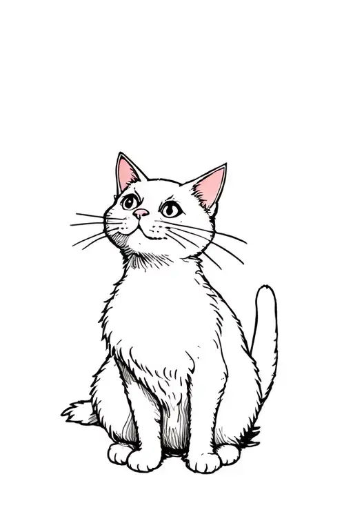 Fluffy Skinny White Cat Sitting And Looking Up To The Side With Both Cute Eyes Visible