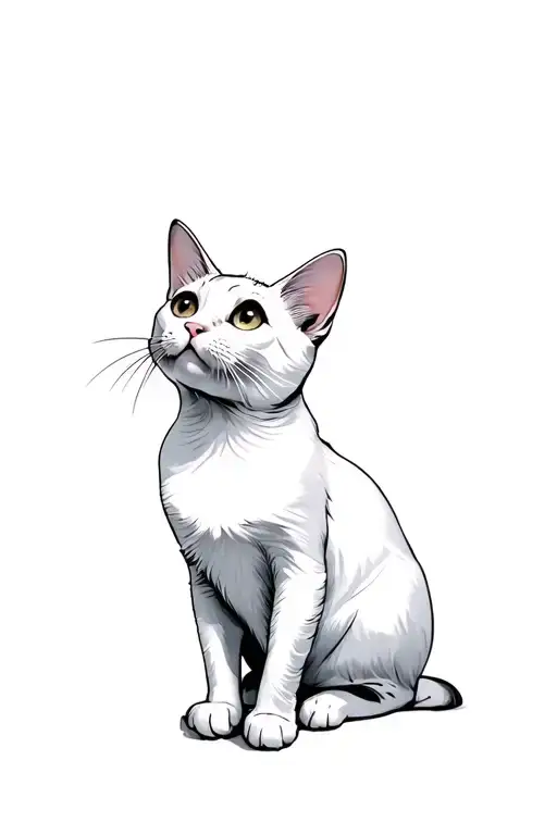 Fluffy Skinny White Cat Sitting And Looking Up To The Side With Both Cute Eyes Visible