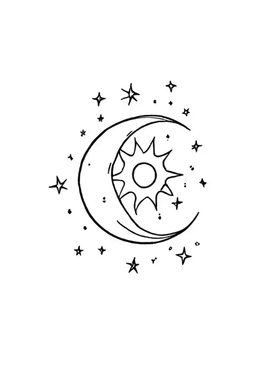 A Crescent Moon With A Sun In The Middle Of The Moon Crescent And The Stars Around Minimalist Small
