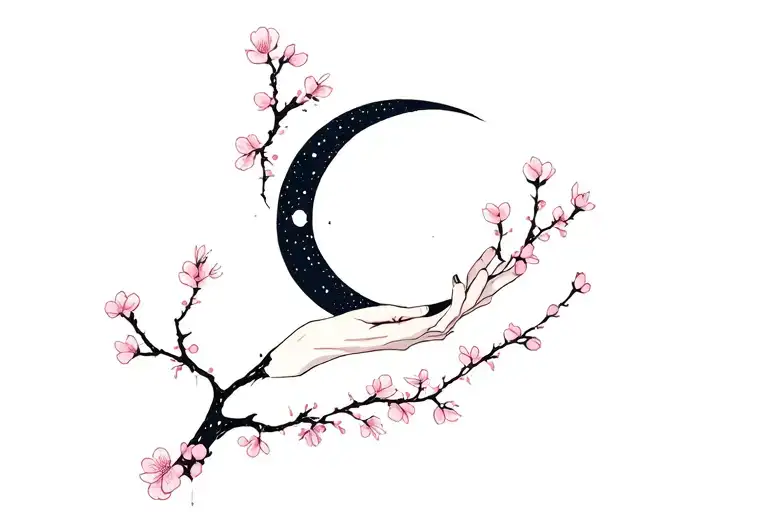 Crescent Moon On The Back Of The Hand And Branch Of Cherry Blossom That Circles The Arm