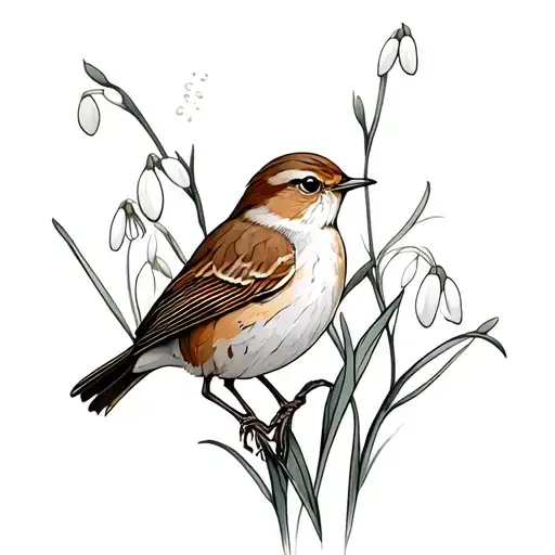 Wren On Snowdrops Line Drawing Style