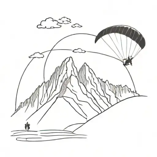 A Mountain With 4 Hikers On It And A Person Flying In A Paraglider Next To It
