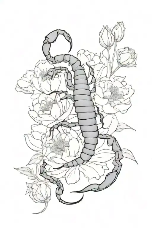 A Detailed Blackwork Tattoo Of A Scorpion Surrounded By Peonies