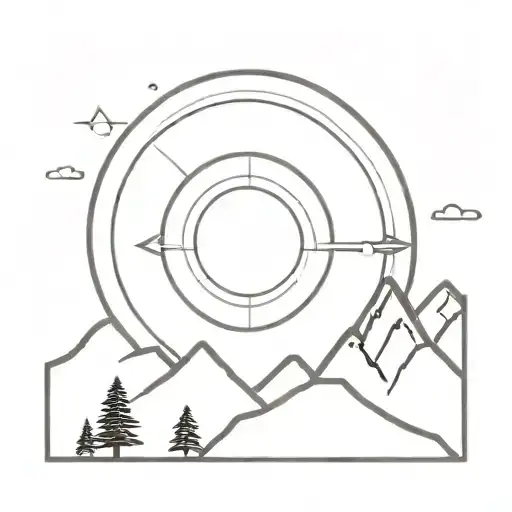 A Minimalist Tattoo Design Of A Shooting Target With Mountain Scenery In The Background