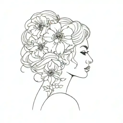 A Fine Line Art Portrait Of A Woman With Flowers Blooming From Her Hair