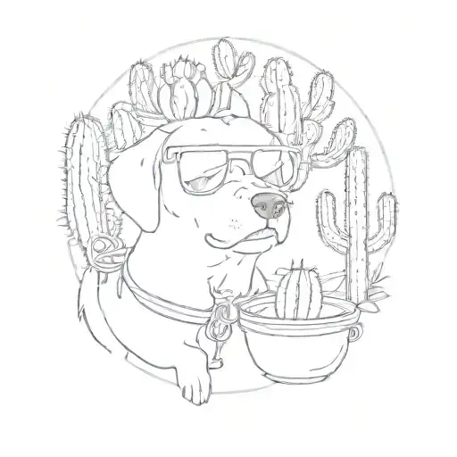 A Dog With Sunglasses And Water Bowl And Cactus