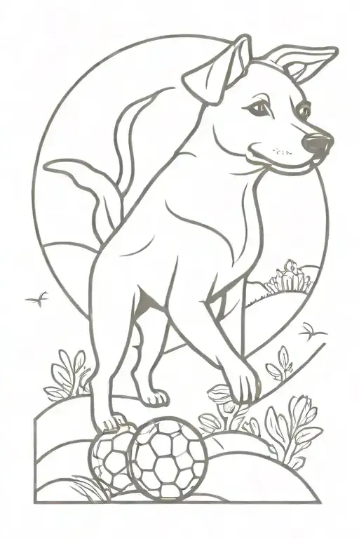 A Minimalist Tattoo Of A Cute Dog Playing With A Soccer Ball In A Nature Setting
