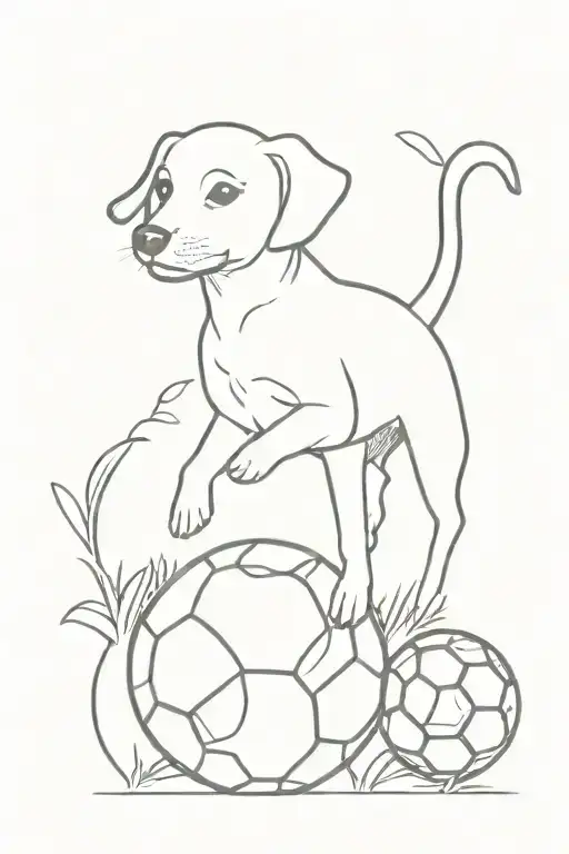 A Minimalist Tattoo Of A Cute Dog Playing With A Soccer Ball In A Nature Setting
