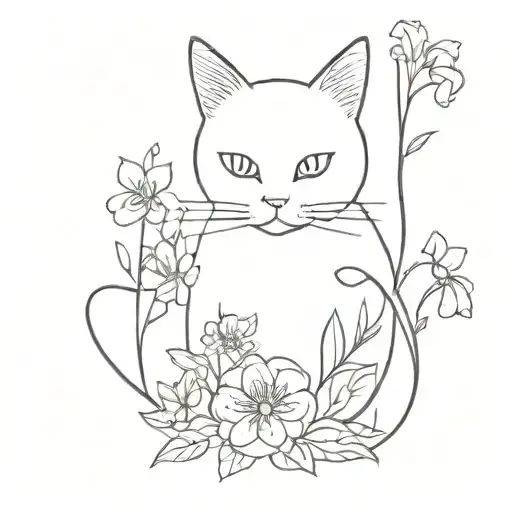 A Minimalist Design Of A Black Cat Surrounded By A Variety Of Flowers
