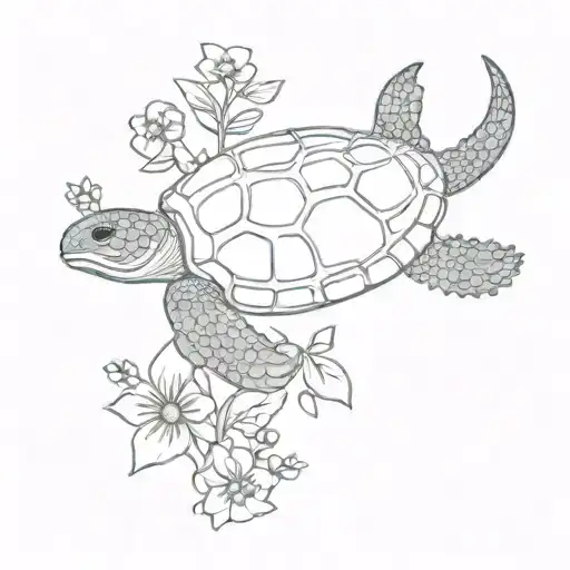 A Minimalist Design Of A Leatherback Sea Turtle Swimming Through A Garden Of Colorful Flowers