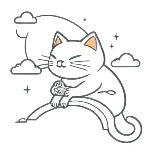 A Minimalist Tattoo Design Featuring A Cat Playing Video Games In The Clouds